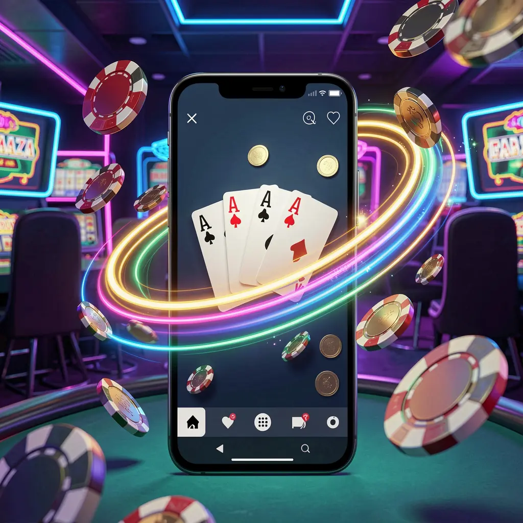 Smartphone displaying BABA8 casino app with fast access, surrounded by flying coins and chips against a modern neon casino background with dynamic speed light trails