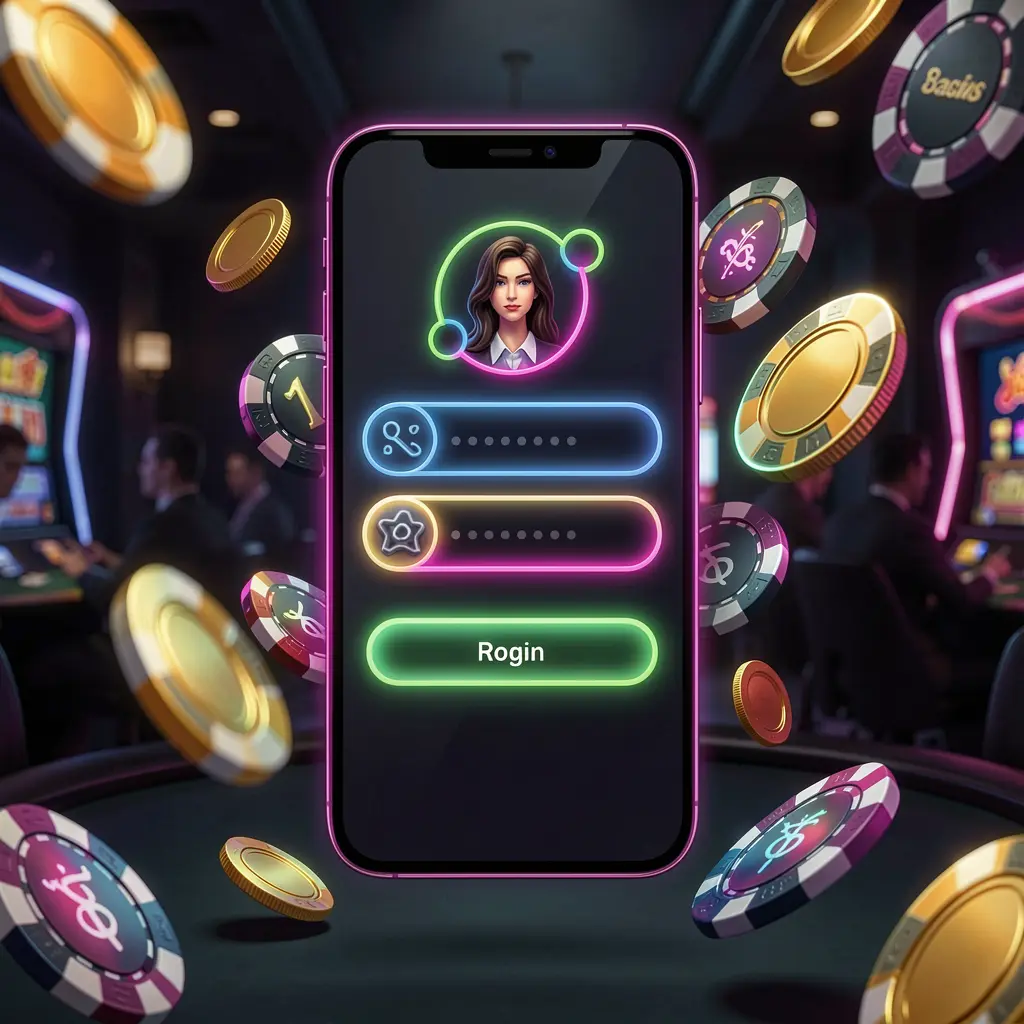 Mobile casino login screen for BABA8 showing abstract UI shapes of user profile and password fields on a glowing neon phone with chips and coins flying around in a dark premium casino atmosphere