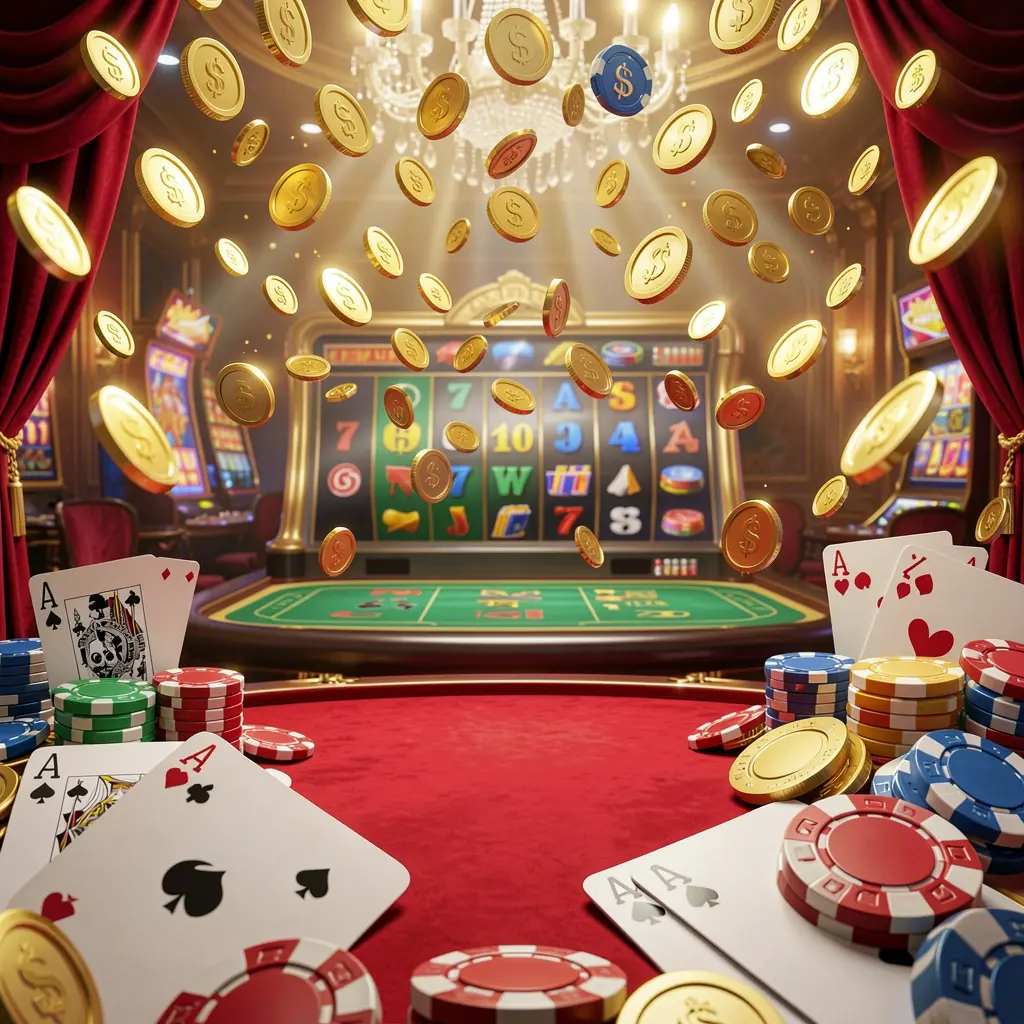 BABA8 online gaming platform homepage banner featuring bright casino lights, golden coins raining, poker chips and playing cards in the foreground with a luxury red and gold atmosphere in a high detail 3D render